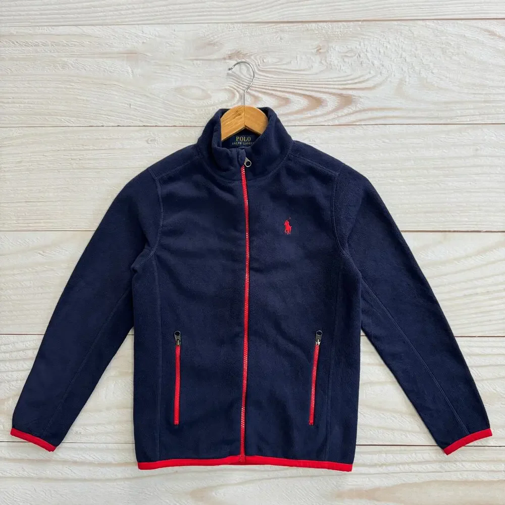 Polo Ralph Lauren Boys Size M (10-12) Full Zip Fleece Jacket Navy Red Trim